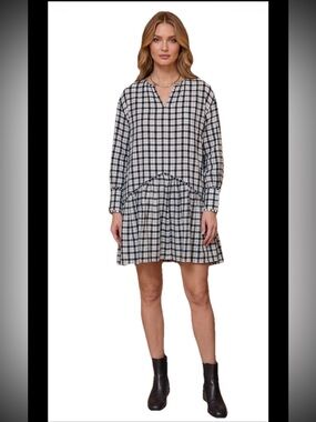 Munthe NWOT Black White Plaid 100% Cotton Tiered Dress 34